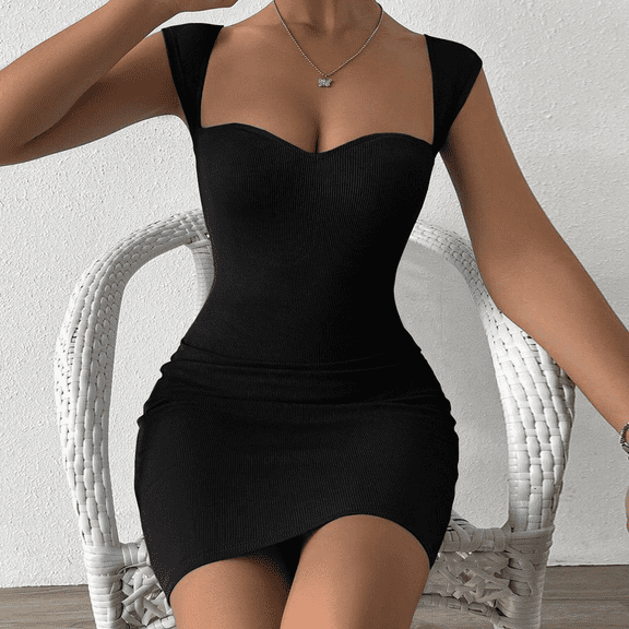 Sweetheart Neck Bodycon Dress, Party Wear Solid Sleeveless Dress, Women's Clothing
