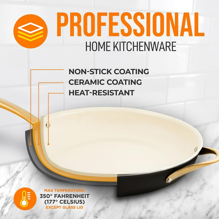 NutriChef 14 Extra Large Fry Pan Skillet Nonstick Pan with Golden Titanium  Coated Silicone Handle 