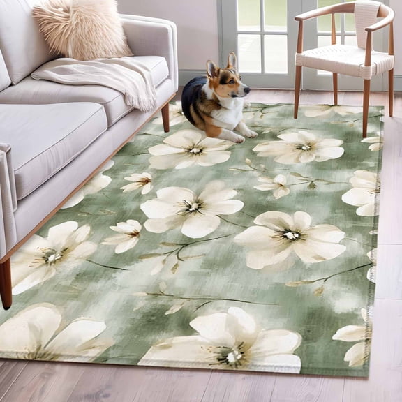 3'x5' Area Rugs, Spring Floral Indoor Outdoor Area Rug for Living Room Bedroom, Sage Green Summer Flowers Watercolor Washable Bathroom Rugs Kitchen Floor Carpet Mats Home Decor Aesthetic