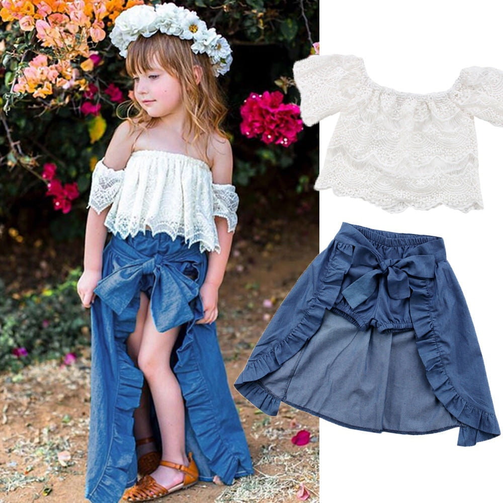 Summer Kids Baby Girls Clothes Lace Off Shoulder Long Bowknot Pants Outfits Set 