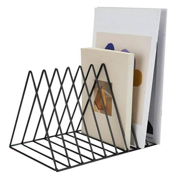 1 Pack Iron Desktop Book Rack Black Triangle Metal File Storage Holder 9 Slot Magazine Holder Vertical Record Stand Document Dividers for Office Table Bookshelf Home Decor By Yahome