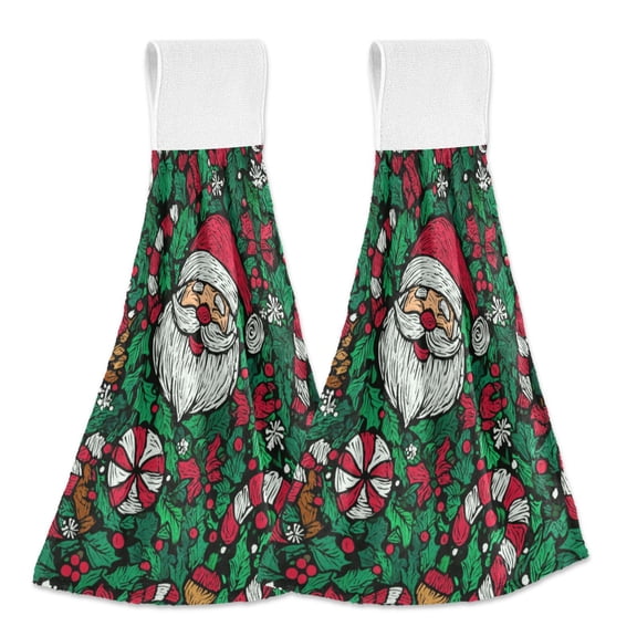 Haosy 2 Pack Kitchen Wash Cloths with Hanging Loops Absorbent Absorbent Quick Drying Hand Towels, Santa Claus Candy Canes Holly Leaves