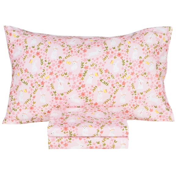 J pinno Pink Flower Rabbit Bunny Cute Fun Twin Sheet Set for Kids Girl Children 100% Cotton Flat Sheet Fitted Sheet Pillowcase Bedding Set