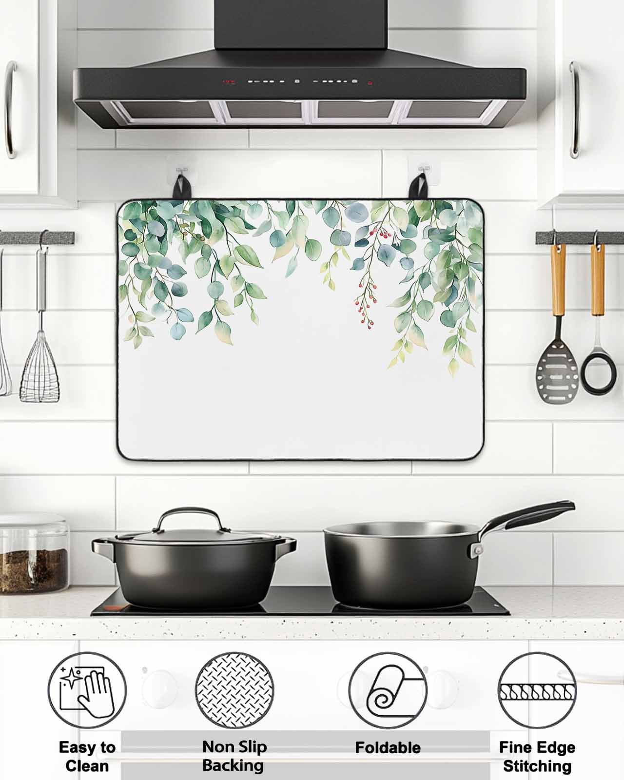 Stove Top Covers for Electric Stove, Eucalyptus Leaves Glass Stovetop Cover Protector, Green Botanical Summer Spring Induction Cooktop Protector Oven Mat for Kitchen Countertop 24"x21"