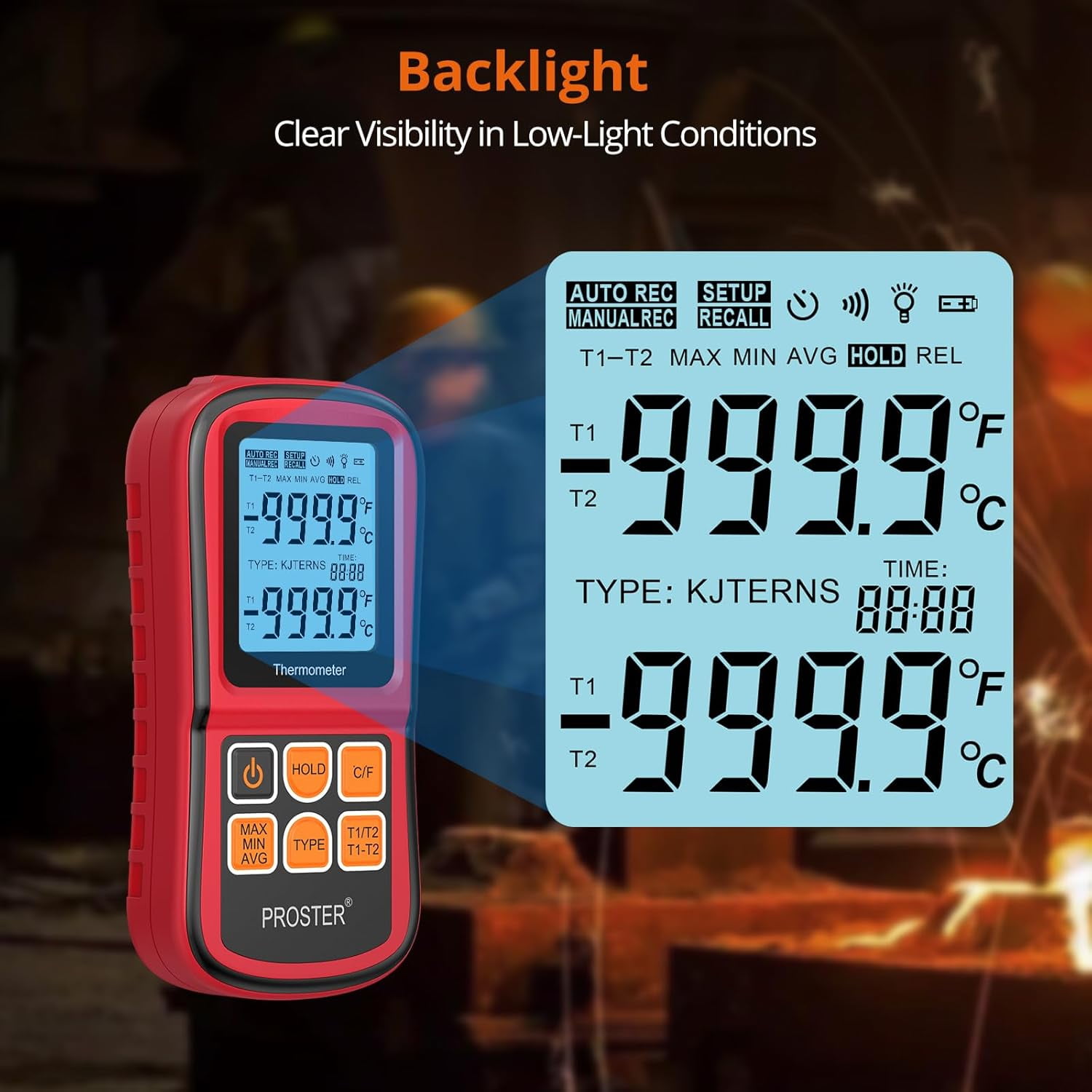 Proster Digital Thermocouple Temperature Thermometer Dual Channel - with Two K-Type Thermocouple Probe, Backlight LCD Thermometer for K J T E R S N Type
