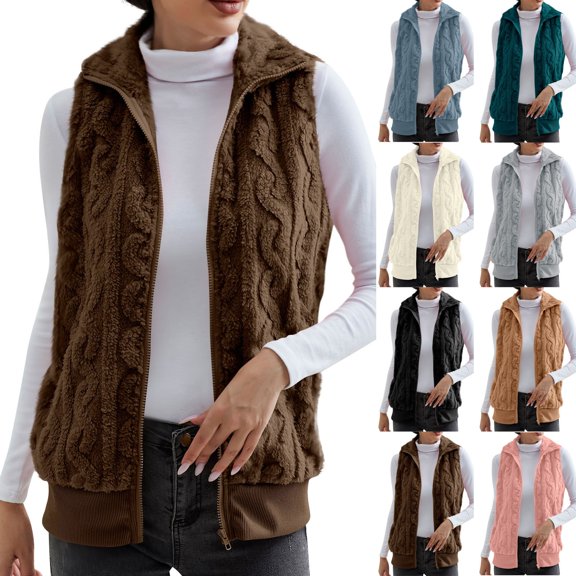 Fanxing Womens Fuzzy Sherpa Fleece Jacket Plus Size Lightweight Vest Coat Cozy Sleeveless Cardigan Zipper Waistcoat Outerwear with Pocket Light Blue,XXL