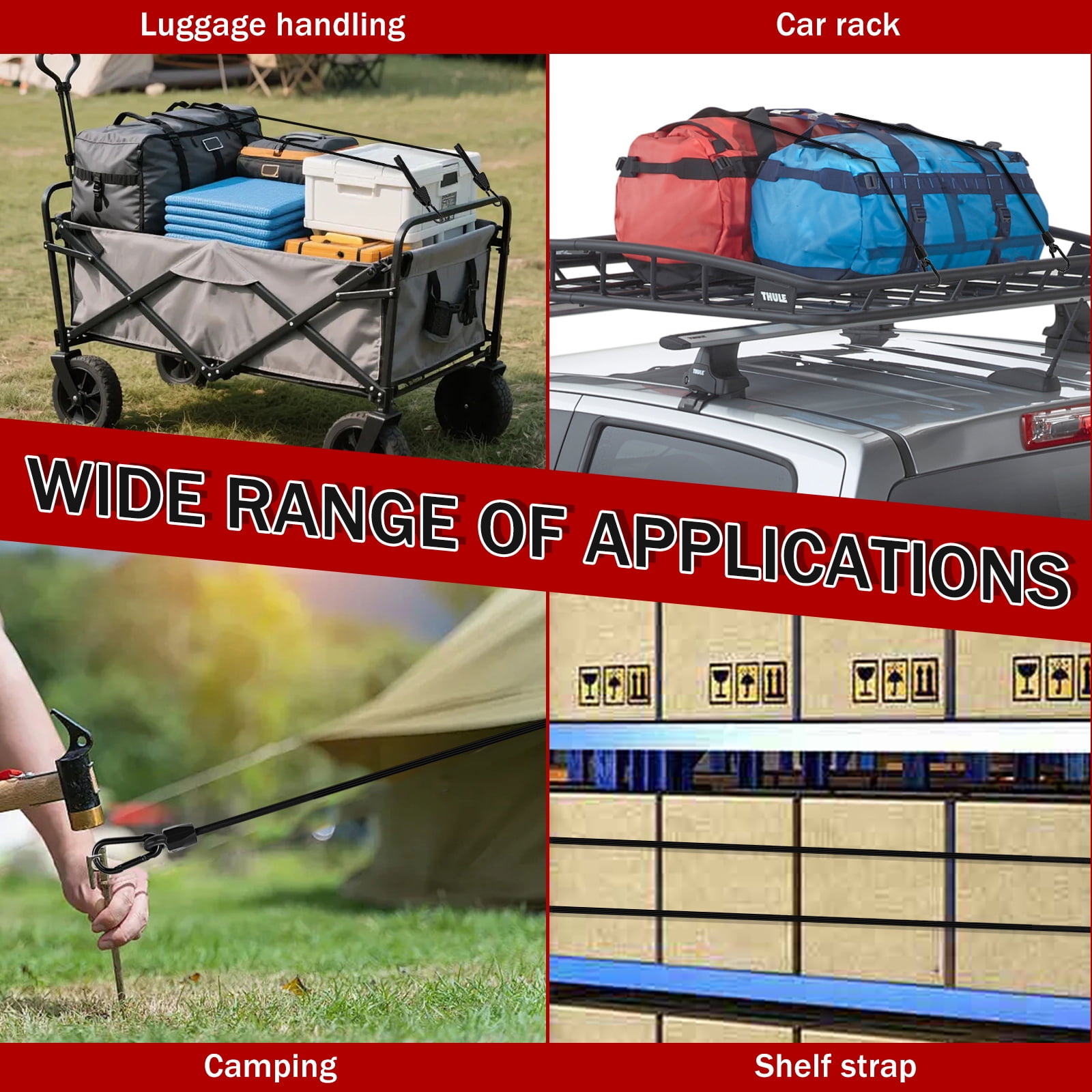 Adjustable Bungee Cords with Hooks 48 Inch, 8 PCS Adjust from 7" to 48" Bungee Straps with Carabiner Hooks Heavy Duty Outdoor for Camping, Cargo, Bike,Tarps, Tents, Bike, Luggage, Boats,etc