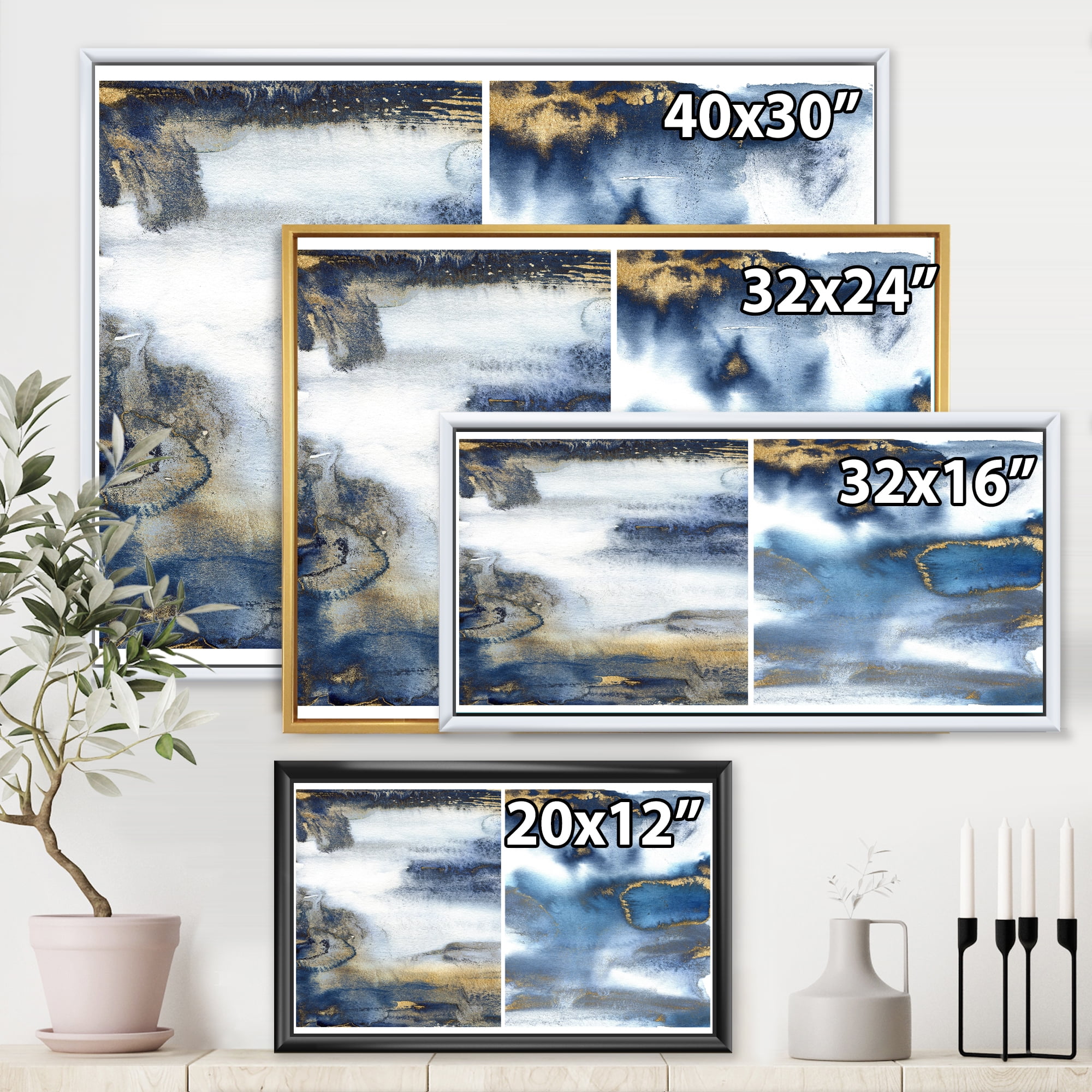 Designart 'Gold and Dark Blue Abstract Waves I' Modern Framed Canvas Wall Art Print