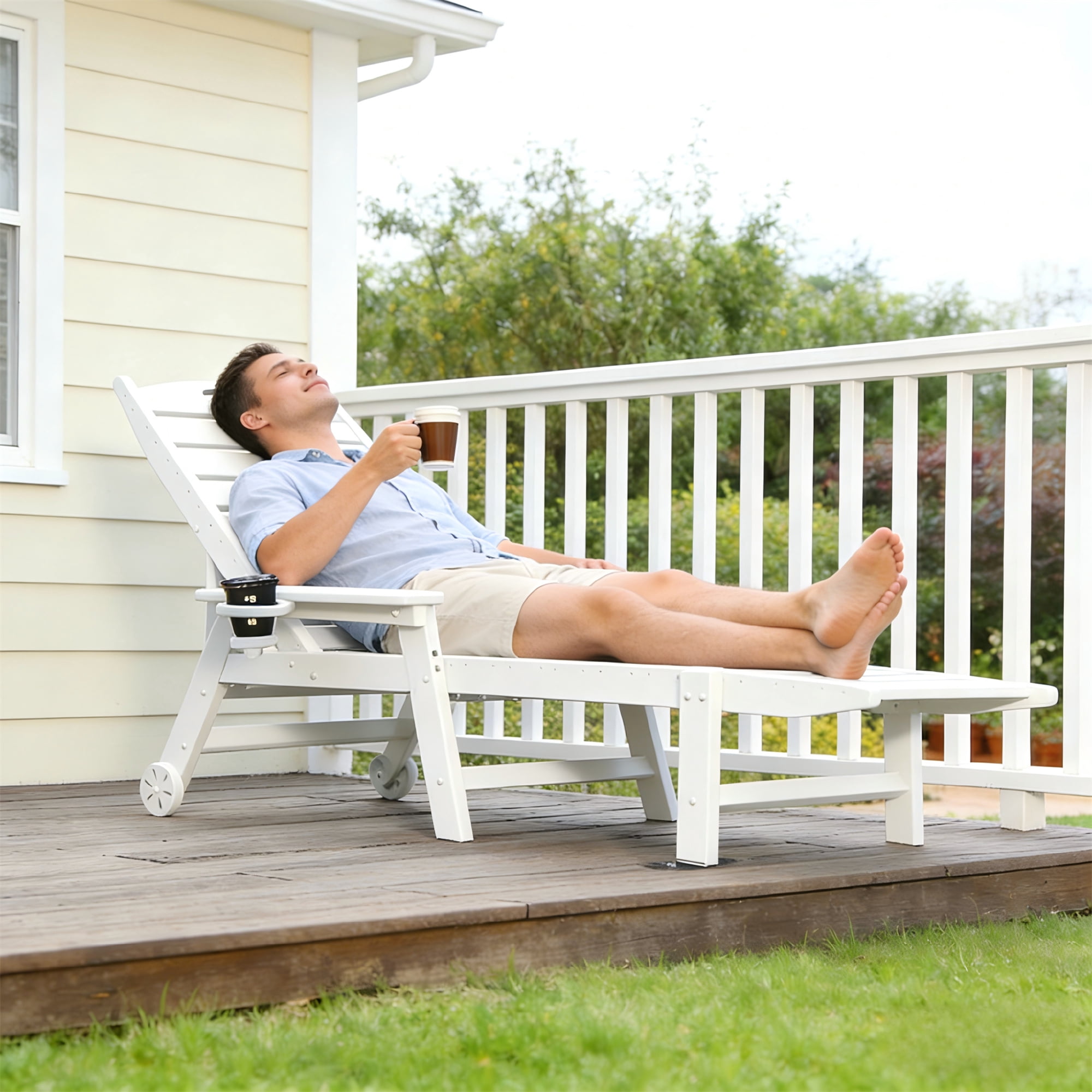 Aukfa HDPE Outdoor Patio Chaise Lounge Chair w/ Cup Holder&Wheels, 360 LBS Capacity, White