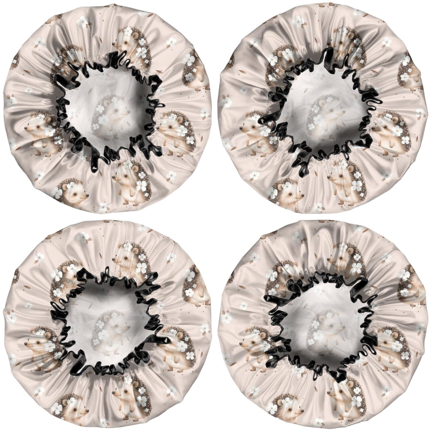 Shower Caps,Cute Hedgehog Pattern with Flowers Waterproof Shower Cap for Women 4 Pieces,Double Reusable Hair Cover for Shower PEVA Elastic Stretch Hem