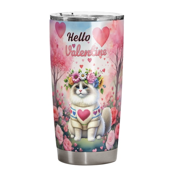 Hello Valentine’s Day Ragdoll Flower Crown Romantic Pink Floral 20oz Stainless Steel Tumbler Insulated Cup with Lid Cat Lover Kitten Owner Gifts Idea - 00031