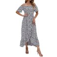thumbnail image 3 of Women Summer Off Shoulder Floral Dress Casual Boho Elastic Waist Button Down Split Long A Line Dress Ruffle Sundress, 3 of 9