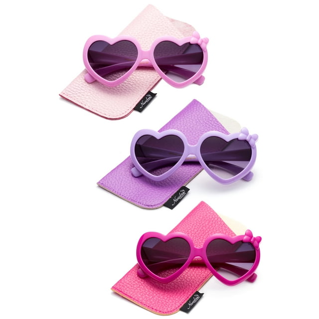 Newbee Fashion- Girls Heart Sunglasses with Bow Cute Heart Shaped Sunglasses for Girls Fashion Sunglasses UV Protection w/Carrying Pouch