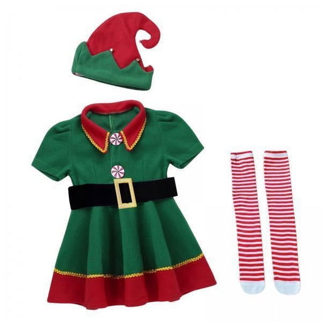 Disfraz de Elf,Disfraces de Halloween Disfraz de Elf de Navidad,Fancy Dress Clothes Set Xmas Outfit Cosplay,Sombrero de fiesta a rayas medias altas vestido de noche,Cinturón Medias Masquerade