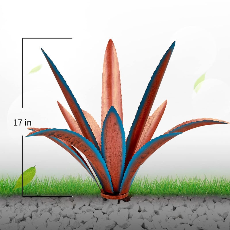 17" Metal Agave Yard Art, Tequila Rustic Garden Sculpture Statue, Metal Agave Plants for Yard Garden Lawn Outdoor Decor(Blue)