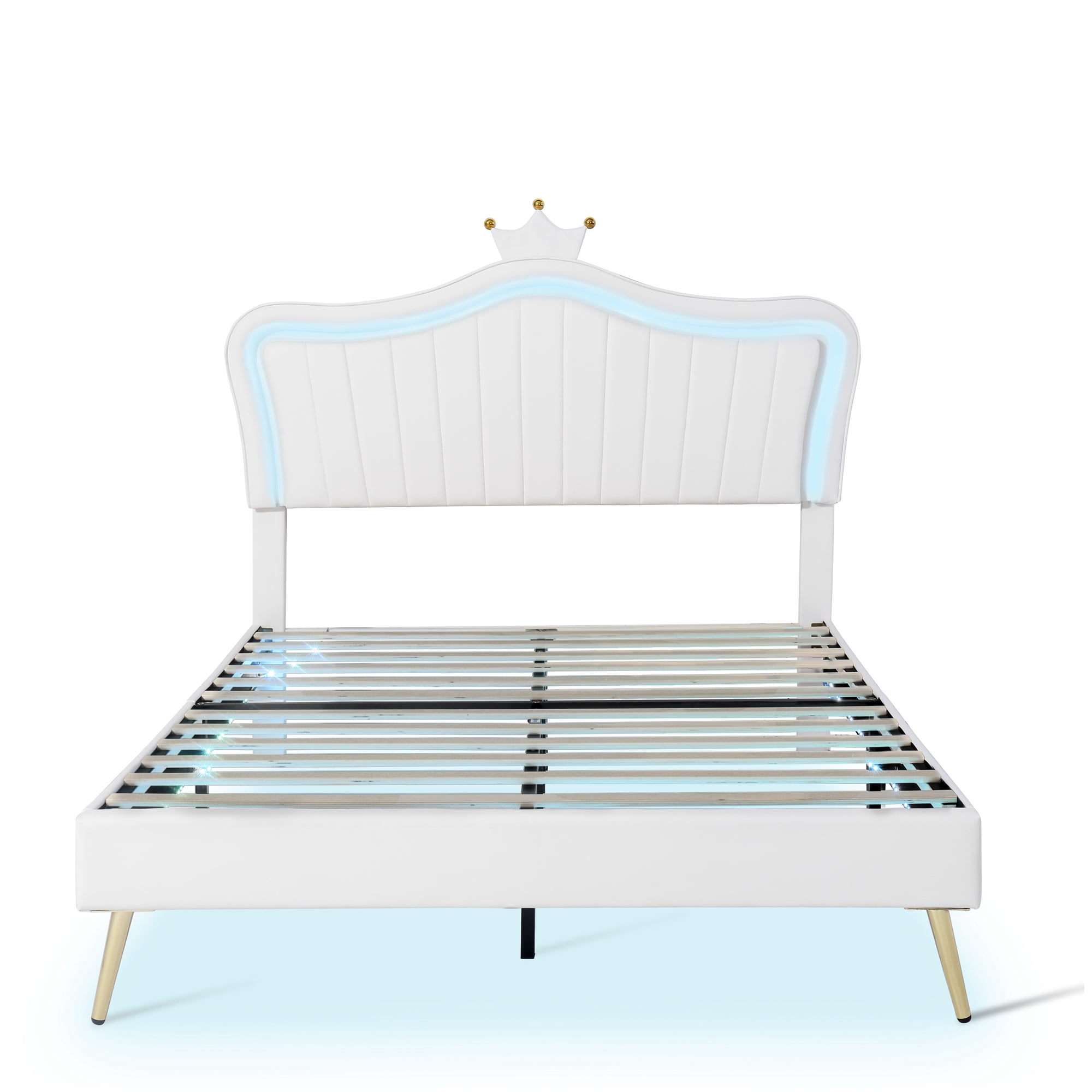 Aukfa Queen Upholstered Bed Frame with Crown Headboard and LED Lights, PU Princess Bed for Kids - White