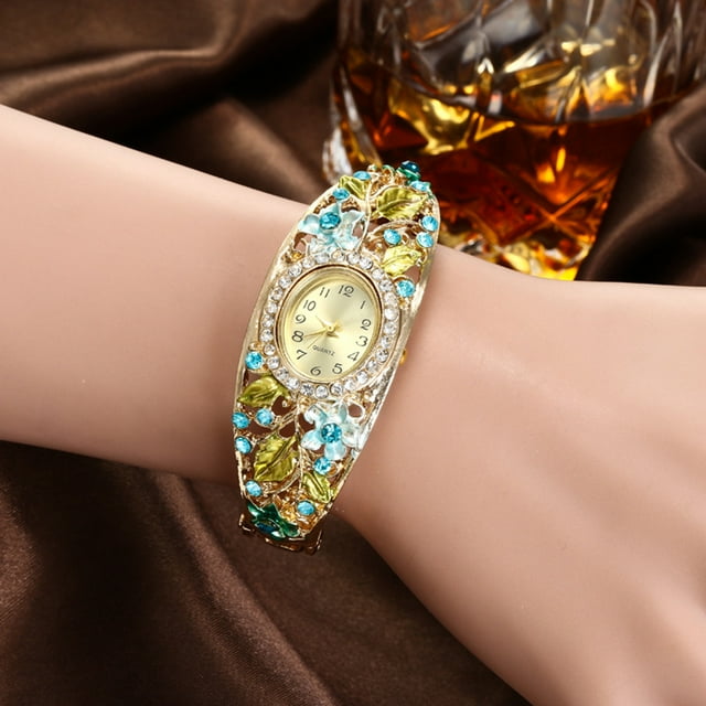 Women Rhinestone Flower Bracelet Bangle Oval Dial Analog Quartz Wrist Watch