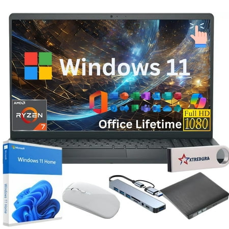 Dell Inspiron 15 3000 Business Laptop Computer,15.6" Full HD Touch Display,AMD Ryzen 7 7730U(Beat I7-1250U),16GB RAM,1TB SSD,MS Liftime,Windows 11 Home/Xtredura Flash Drive