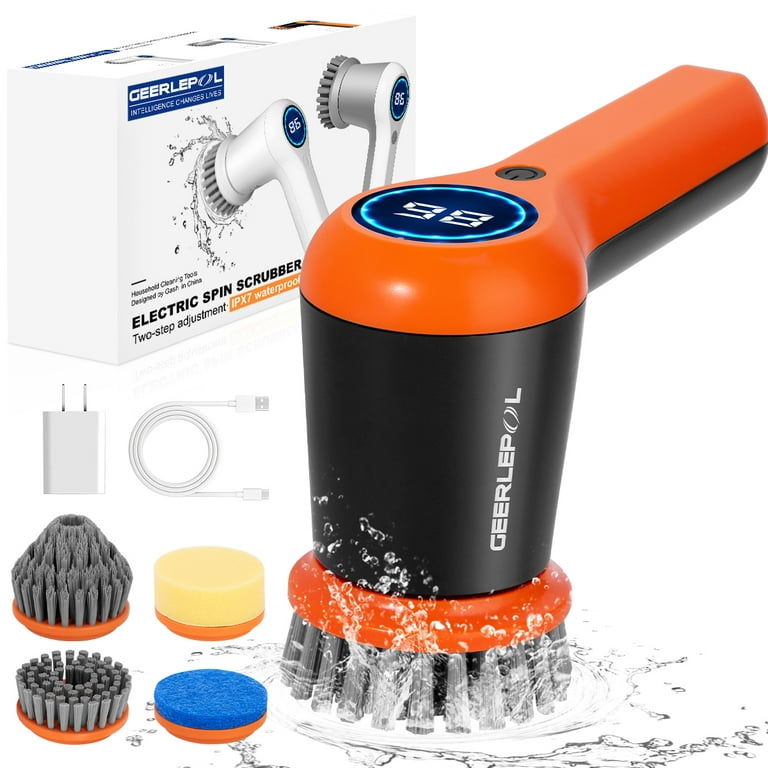 Cordless Hand-Held Electric Spin Scrubber with 4 Replaceable Brush Heads