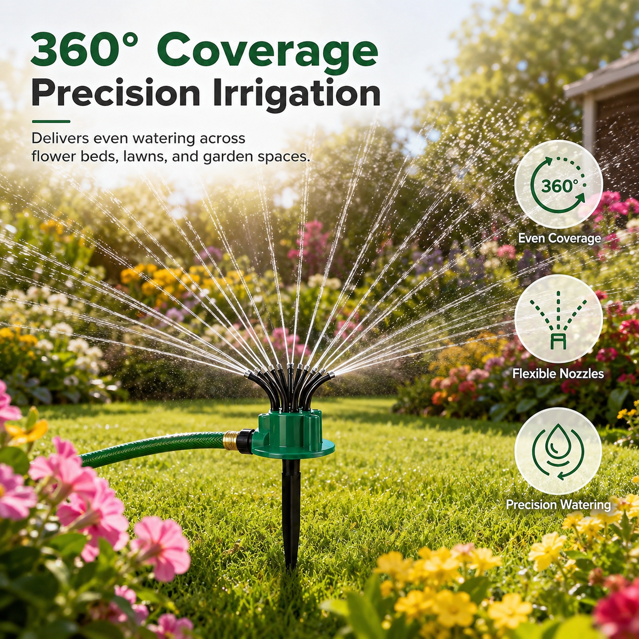 360° Coverage Precision Garden Irrigation Sprinkler, Multi-Adjustable Rotating Design with Spike Base, for Yard Lawn Flower Bed