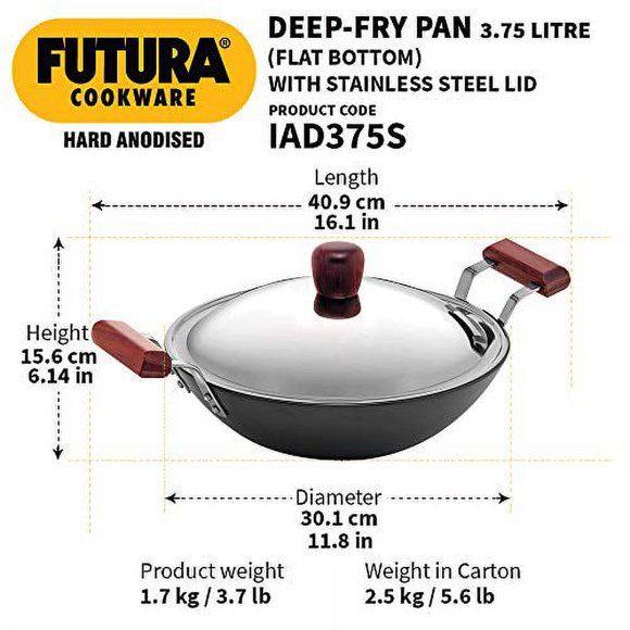 FUTURA Hard Anodized Flat Bottom Deep Fry Pan / Kadhai with Stainless Steel Lid, 3.75 Liter