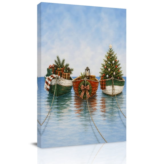Canvas Wall Art, Coastal Nautical Christmas Framed Canvas Prints for Kitchen Bedroom, Ocean Sailboat Xmas Trees Small Gallery Wrapped Wall Decor for Home Office, Gifts, 8"x12" Ship Next Day