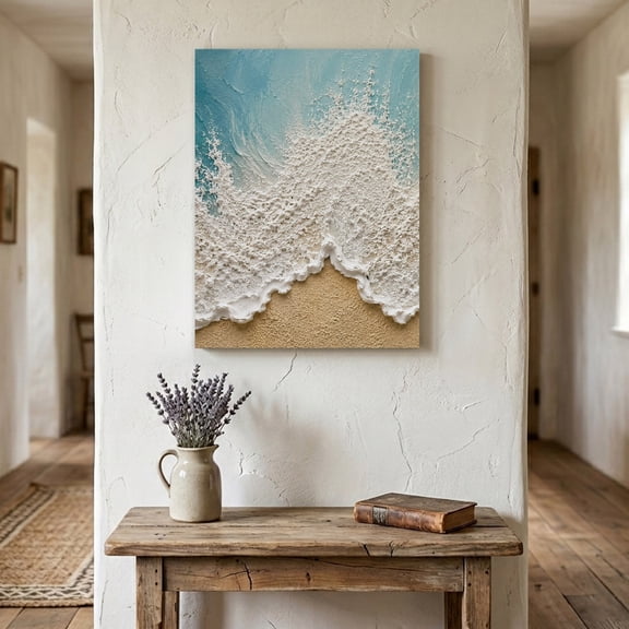Crashing Wave Foam Canvas Wall Art for Living Room Bedroom Bathroom, Coastal Teal Heavy Impasto Ocean Gold Beach Canvas Art Wall Decor, Artwork for Walls Home Office Decor, 8"x10"