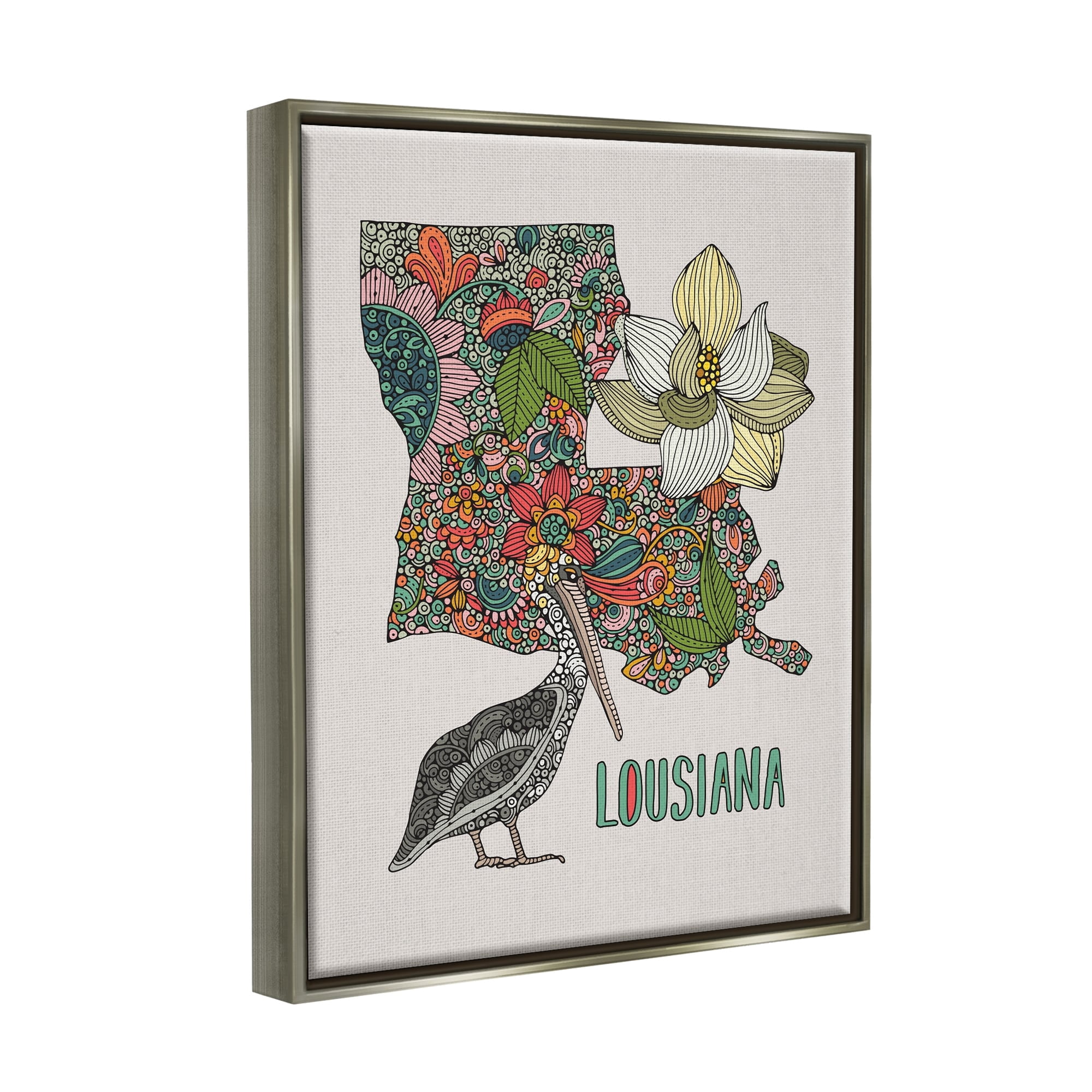 Stupell Industries Blooming Louisiana Magnolia State Pelican Intricate Patterns Graphic Art Luster Gray Floating Framed Canvas Print Wall Art, Design by Valentina Harper