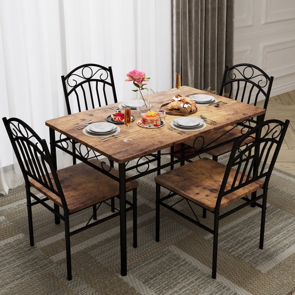 COZONY 5-Piece Kitchen Dining Set, Modern Rectangular Table & 4 Chairs for Small Spaces,Fire burns wood