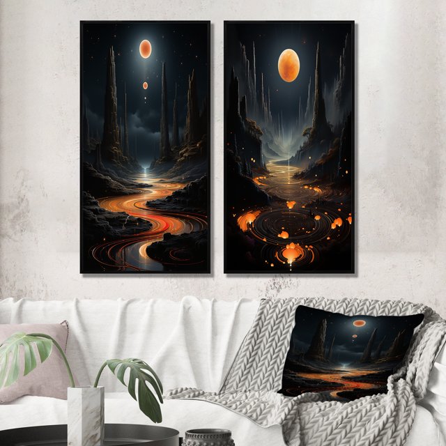 Designart "Blue and Orange Vibrant Color Contrast" Abstract Landscape Framed Wall Art Set Of 2 - Modern Blue Framed Canvas Set For Living Room Decor