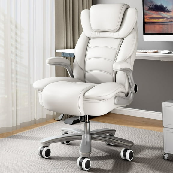 iooHug Big and Tall Office Chair 400lbs, Ergonomic Desk Chair with Lumbar Support, Flip-Up Arms, Faux Leather High Back Computer Chair for Home Office, White