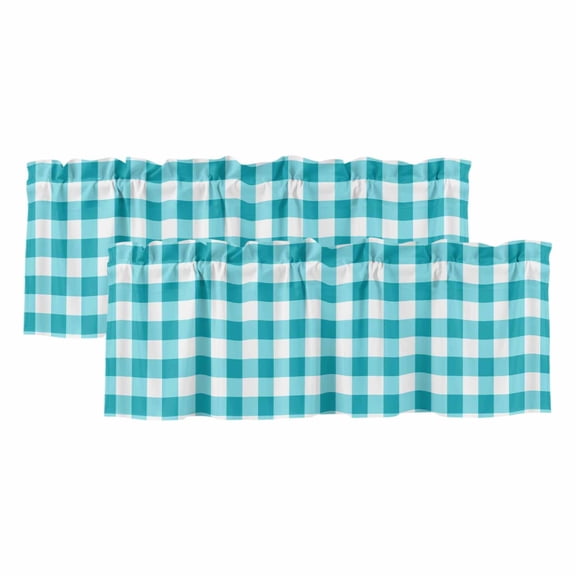 Turquoise Checkered Valances for Windows, Farmhouse Buffalo Plaid Light Filtering Kitchen Curtains, Rod Pocket Window Valance Curtains for Living Room Bedroom, 42" W x 18" L, 2 Panels