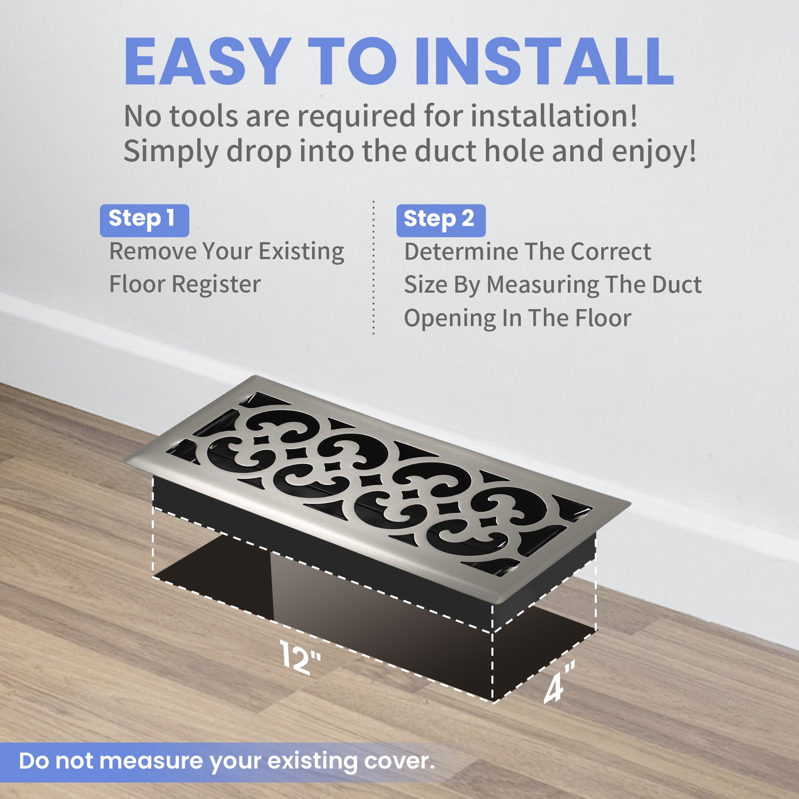 4x12 Inches Heavy Duty Walkable Floor Register Easy Adjust Air Supply Lever Floor Vents - Charlotte Design - Vent Cover for Home Floor - Satin Nickel