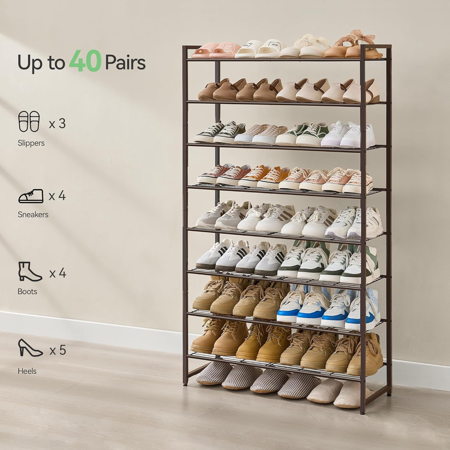Shoe Rack for Closet, Metal Shoe Organizer, 8 Tier Garage Shoe Rack Max Holds 40 Pairs,Shoe Storage Shelf,Entryway