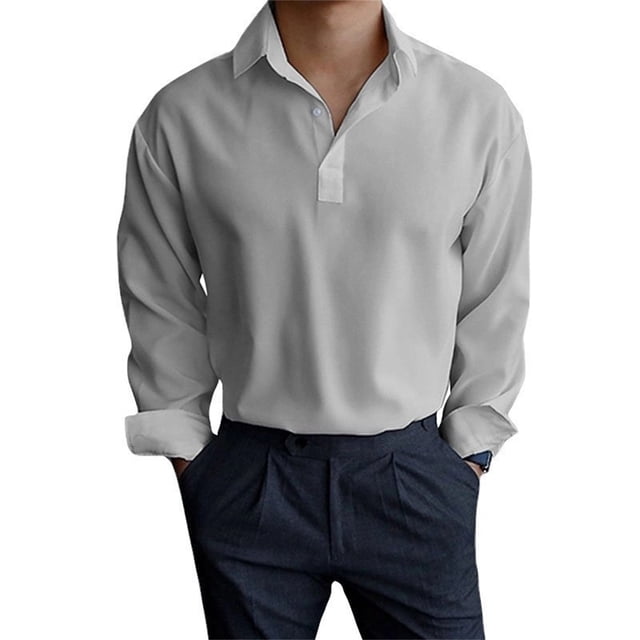 Wyzesi Fall Shirts for Men Trendy Men Spring and Autumn Button Round Neck Solid Color Blouse Long Sleeve Top Bottoming Shirt Polyester Shirts for Sublimation Bulk