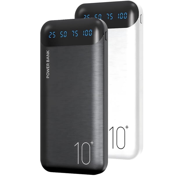 Power Bank Portátil de 10000mAh Cargador Delgado con 2 Salidas USB 2.4A y USB C Entrada/Salida Compatible con Huawei iPhone 16 15 14 13 12 iPad Samsung Galaxy S20 Tablet Android (Negro + Blanco)