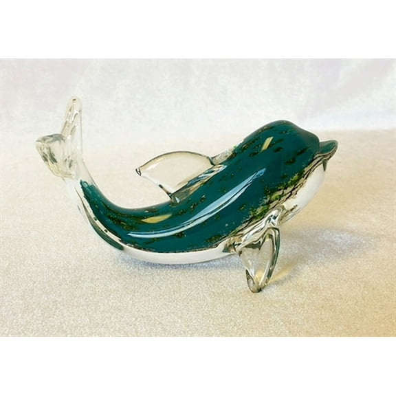 Hand Made Green And White With Clear Fins Glass Dolphin Figurine