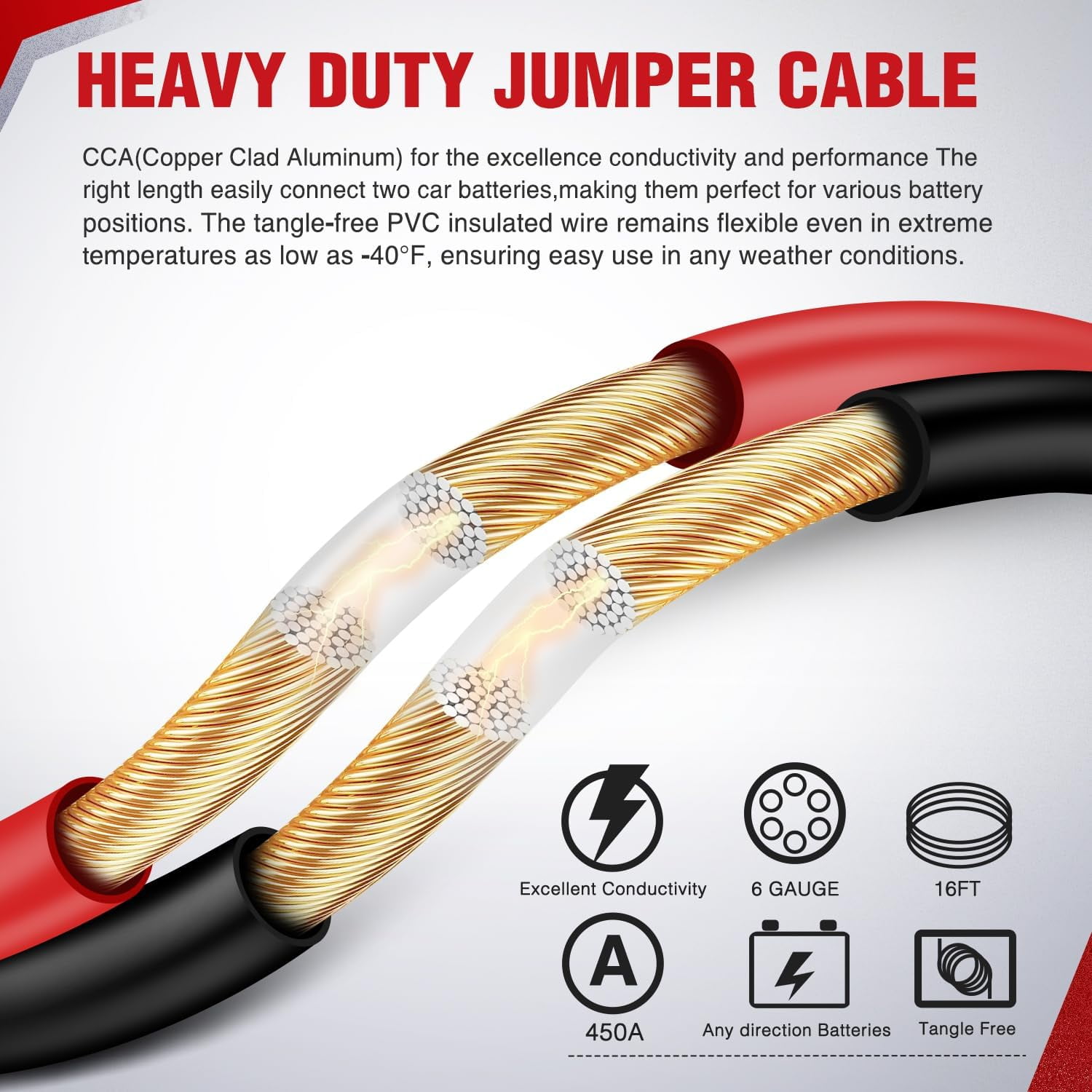 Nilight Jumper Cables for Car Battery 6 Gauge 16 FT Booster Cable Heavy Duty 450 A CCA with Carrying Bag Jump Start Emergency Kit Pickup Vans SUV Sedan Motorcycle