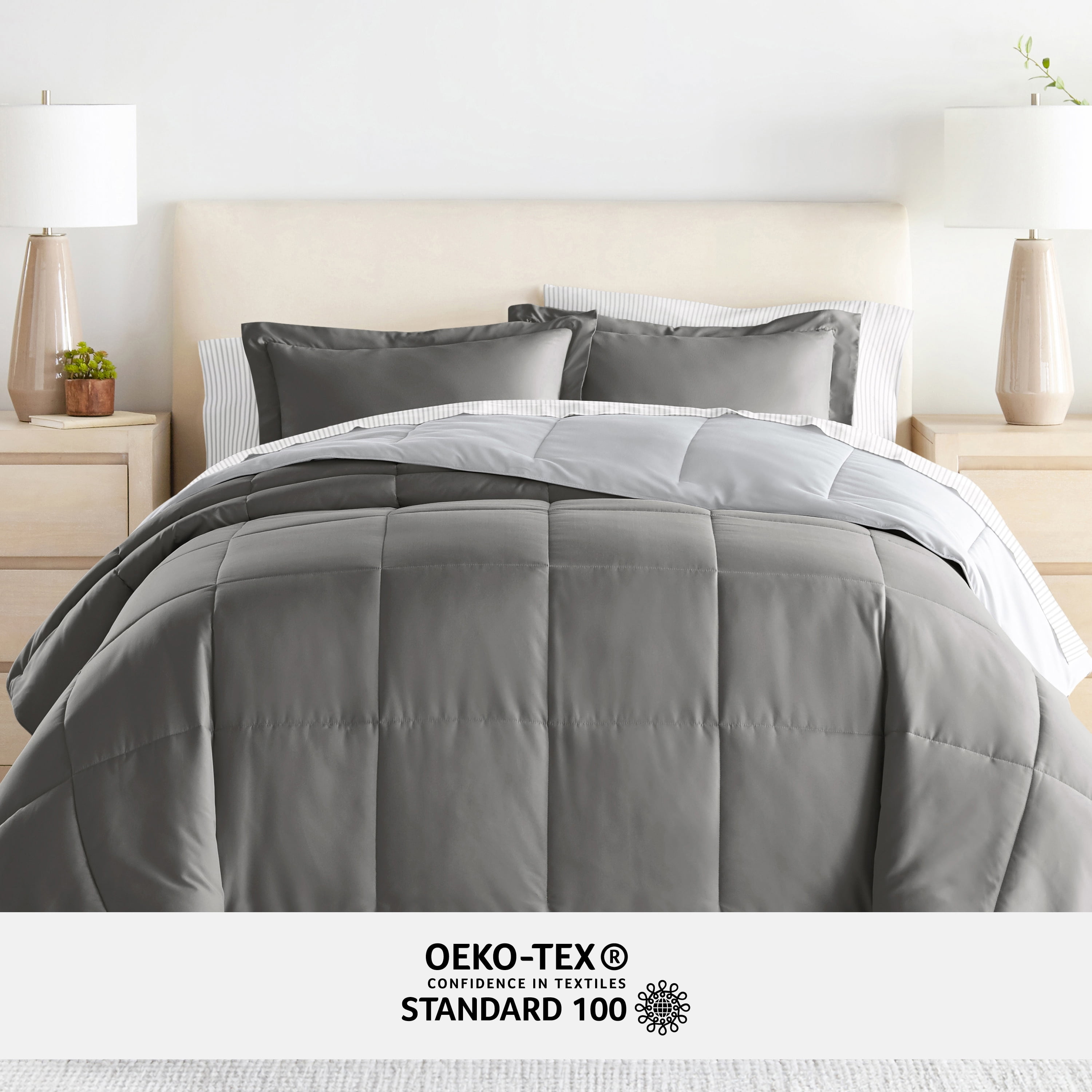 Noble Linens 7 Piece Bedding Bundle, Reversible Comforter and Patterned Sheet Set, California King