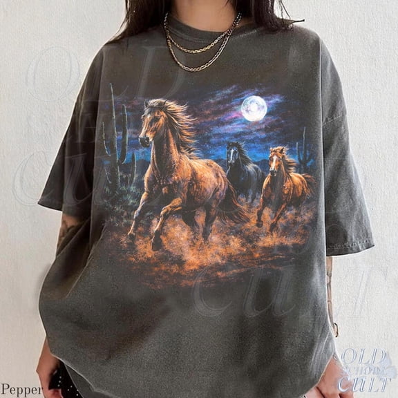 Wild Horses Vintage 90s Graphic Comfort Colors T-Shirt, Retro Moonlit Running Horse Tee,Pepper Color,Size L