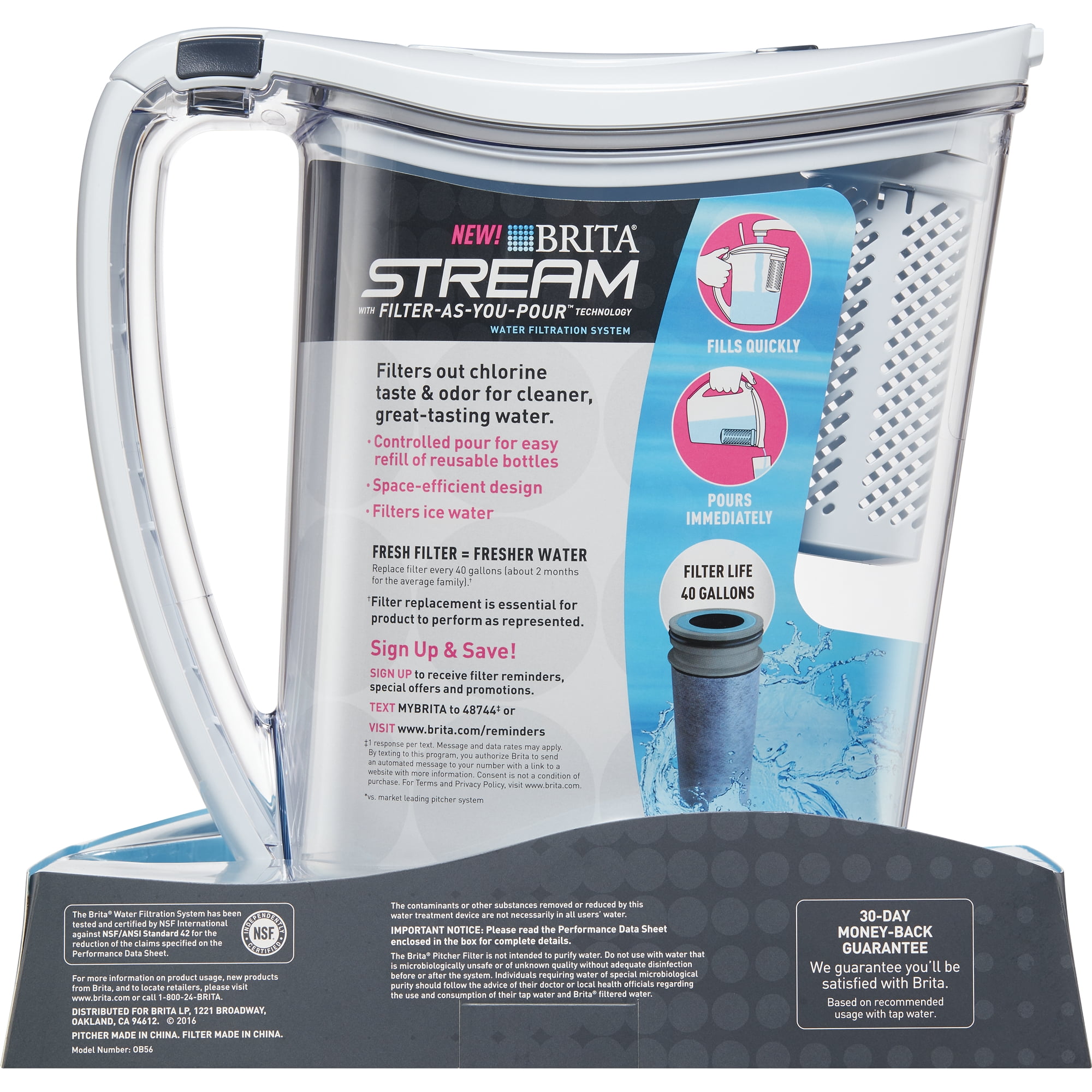 Brita 10 Cup Stream Filter as You Pour Water Pitcher with 1 Filter, Hydro, BPA Free, Chalk White