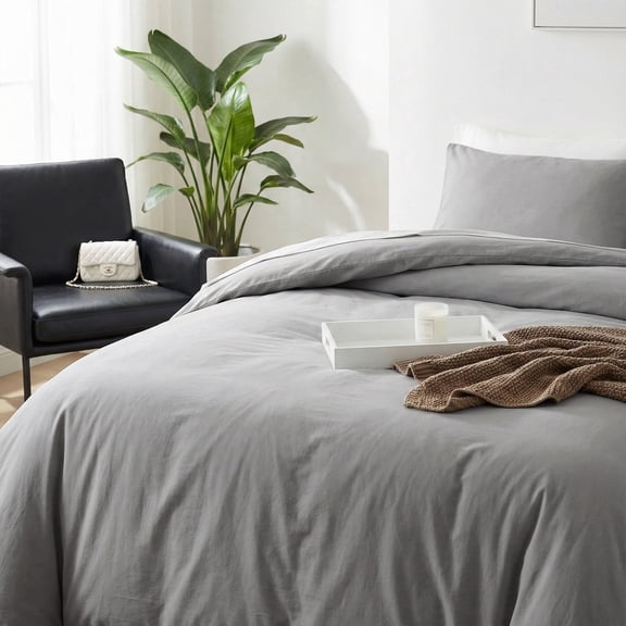 Premium 100% Cotton Duvet Cover Set, Soft Breathable Bedding with Zipper Closure (2 Pieces), Classic Grey, Twin