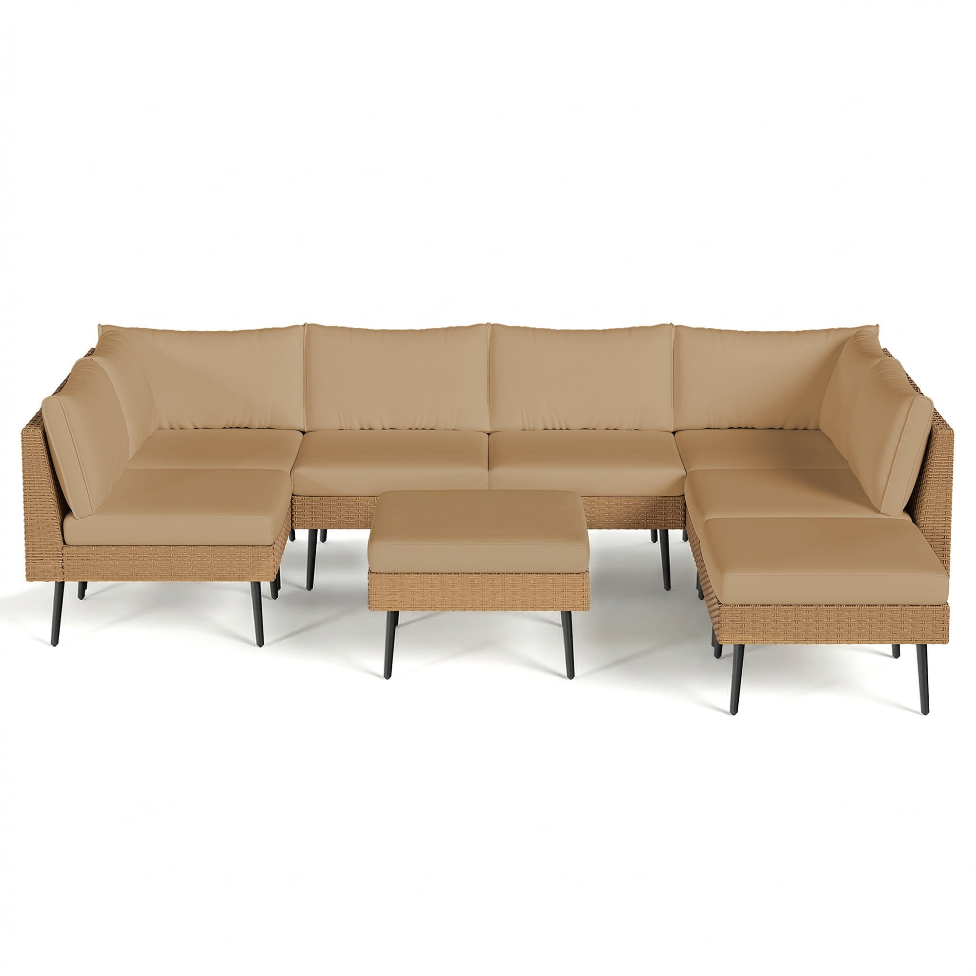 LAZZO 8-Piece Outdoor Wicker Conversation Set, All-Weather Sectional Sofa with 6 Chairs & 2 Ottomans, Khaki Cushions