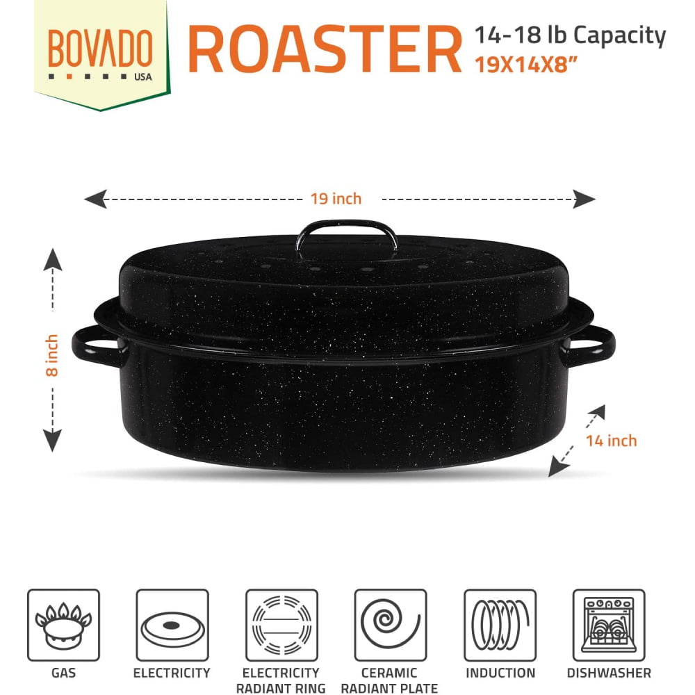 Millvado Roasting Pan with Lid, Thanksgiving Turkey Roaster Pan, Extra Large 20 lb Capacity, 19 Granite Oven Roaster Oval Shaped Speckled Enamel on