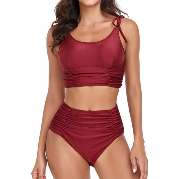 WREESH Womens Two Piece Swimsuit Crop Camisole Top High Waisted Bikini Fashion Solid Color Comfortable Loose Swimsuit Top Blouse Casual Attractive Beach Bathing Suit Wine