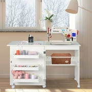 S.Fyronti Folding Sewing Craft Table with Storage Shelves and Lockable Wheels, White Finish