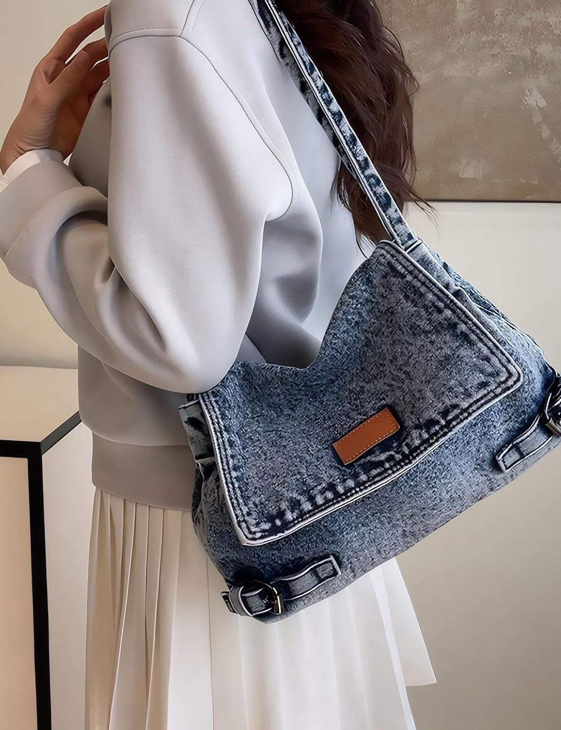 Denim Crossbody Bag for Women，Jean Messenger Purse Shoulder with Adjustable Strap