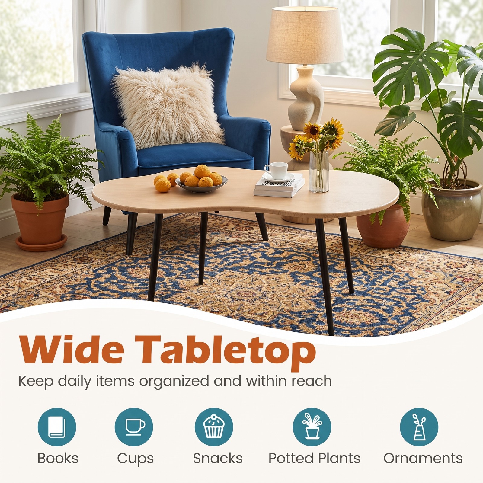 Furnibear Cloud Shape Coffee Table, 39.5 Inch Irregular Free Form Center Table with Sturdy Metal Frame, Wide Engineered Wood Top Accent Side Table for Living, Natural