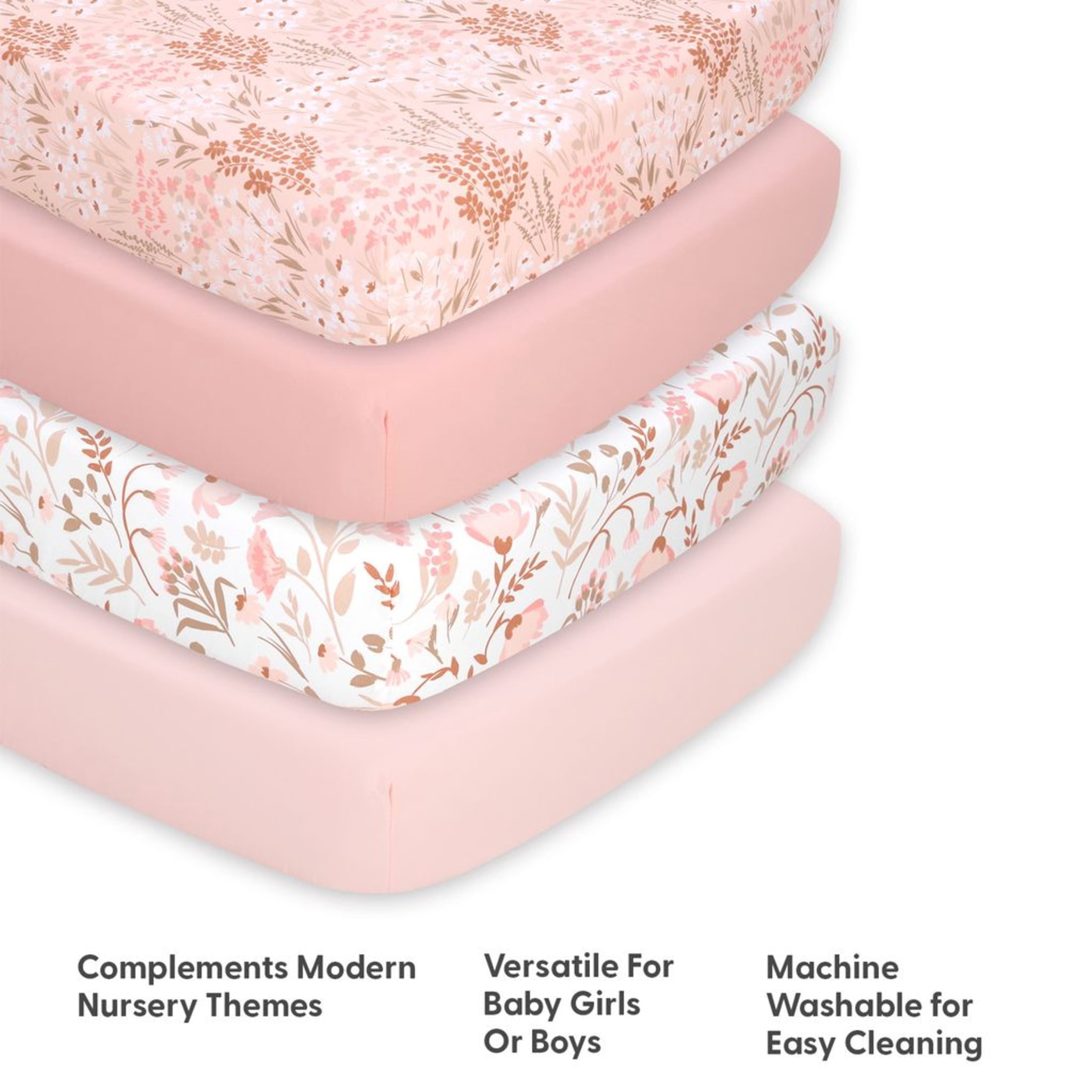 The Peanutshell Whimsical Pink Floral Microfiber 4 Pack Crib Sheets for Baby Girls
