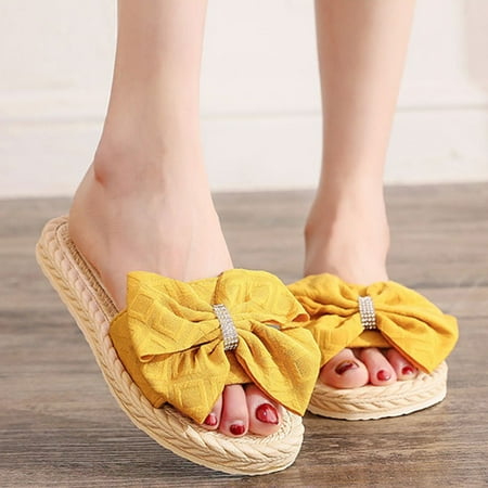 

Mishuowoti slipper for women 2023 Fashion Spring And Summer Women Slippers Straw Espadrille Bow Rhinestone Flip Flops Beach Flat Bottom